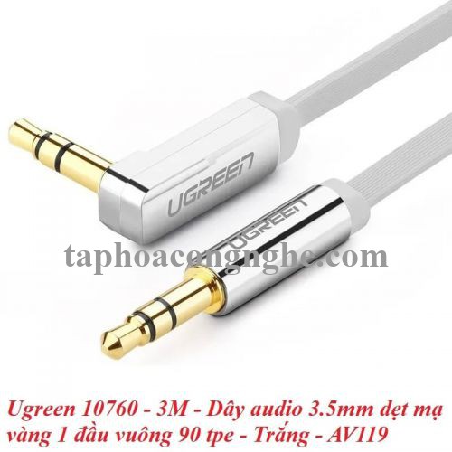 Ugreen 10760 3M Trắng Cáp âm thanh 2 đầu 3.5mm dương chữ L dây dẹt AV119 30010760